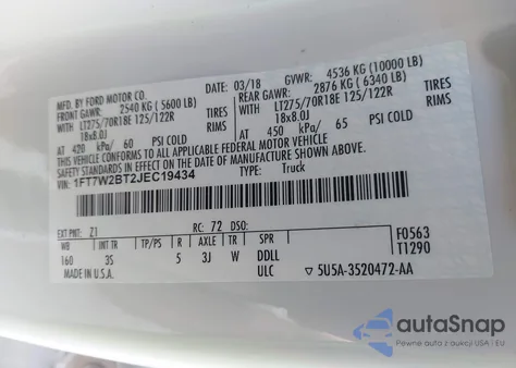 2018 Ford F-250 Xlt from USA, damaged, VIN 1FT7W2BT2JEC19434